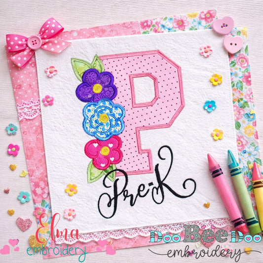 Pre K Floral Letter P - Applique - Machine Embroidery Design
