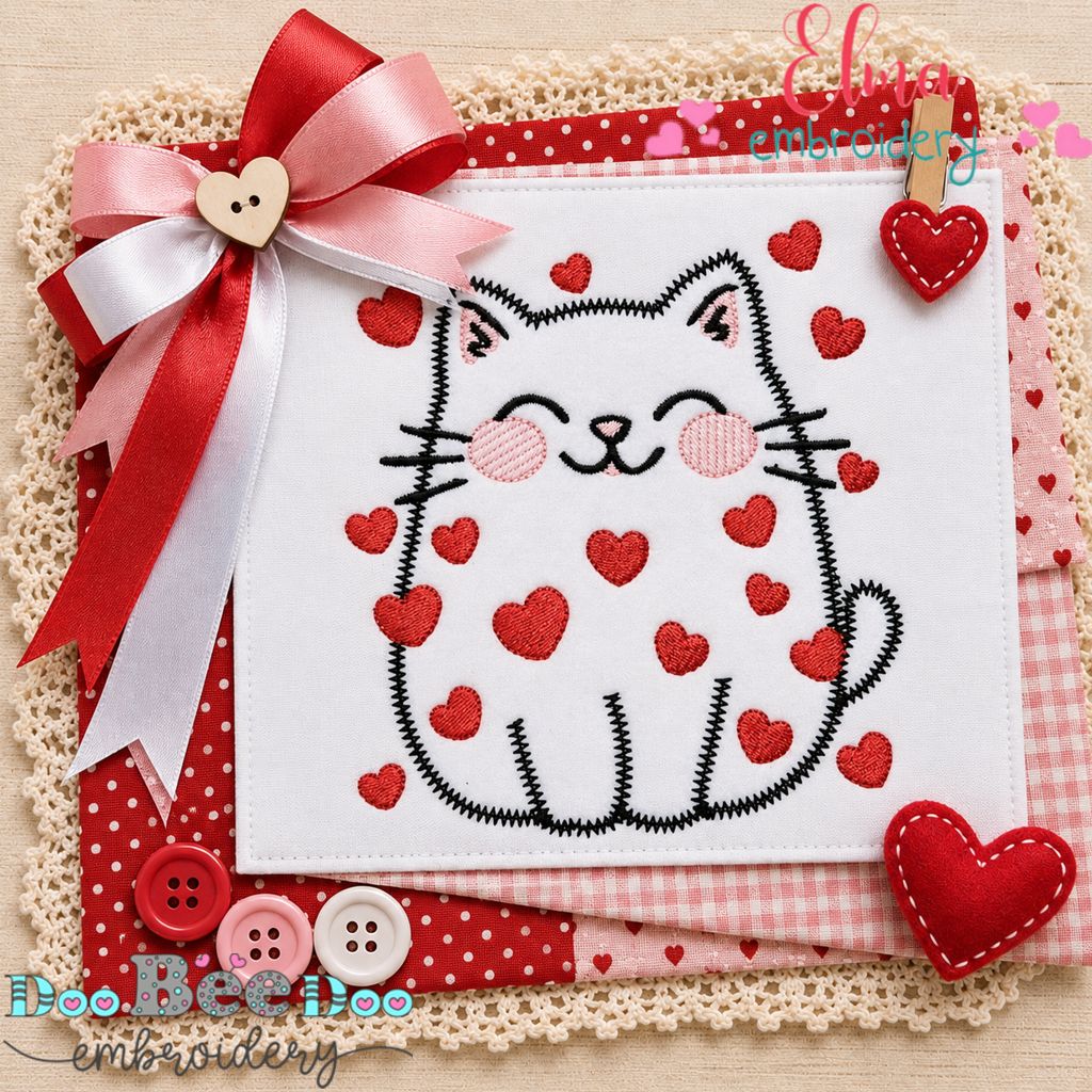 Sweetheart Kitty - Zigzag Applique - Machine Embroidery Design