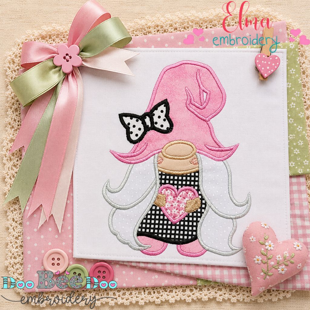 Sweet Valentine Gnome Girl - Appliqué - Machine Embroidery Design