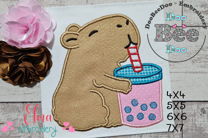 🌸 Bubble Tea Capybara 🧋 – Applique – Machine Embroidery Design