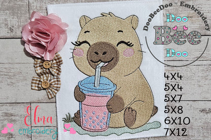 Cute Capybara with Boba Drink 💕 – Fill Stitch – Machine Embroidery