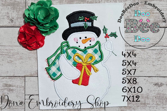 Christmas Snowman with Gift 🎁⛄ – Applique - Machine Embroidery Design