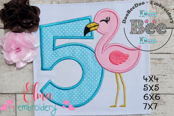 Summer Flamingo Number 5 Five 5th Birthday - Applique - Machine Embroidery Design