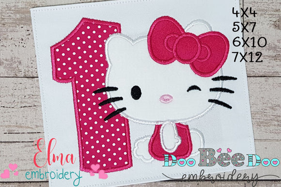 White Kitty Number 1 One 1st Birthday - Applique Embroidery