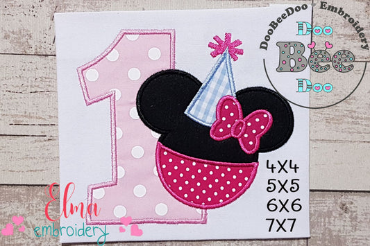 Mouse Ears Girl Number 1 One 1st Birthday Party - Applique Embroidery
