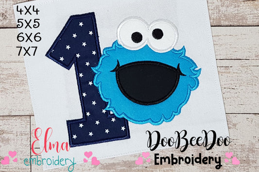 Cookie Monster 1st Birthday Number 1 - Applique - Machine Embroidery Design