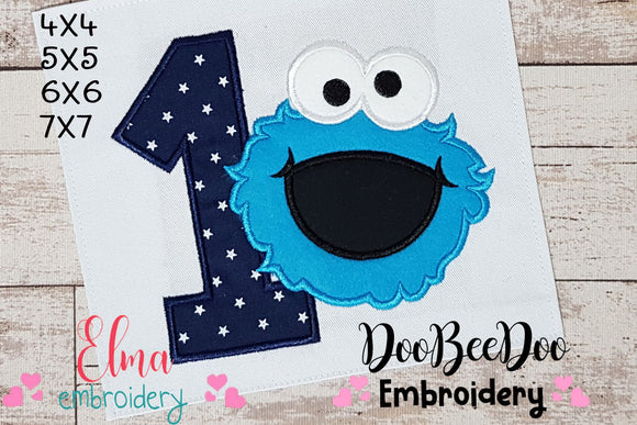 Cookie Monster 1st Birthday Number 1 - Applique Embroidery