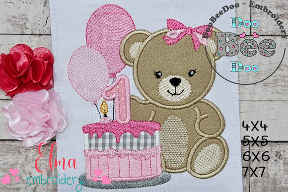 Teddy Bear Girl and Cake Number 1 One 1st Birthday - Applique - Machine Embroidery Design