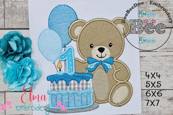 Teddy Bear Boy and Cake Number 1 One 1st Birthday - Applique - Machine  Embroidery Design