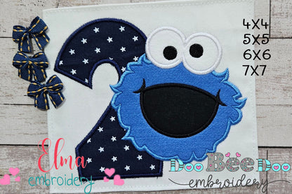 Cookie Monster 2nd Birthday Number 2 - Applique - Machine Embroidery Design