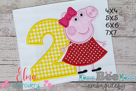Pink Pig Birthday Number Two 2nd Birthday - Applique - Machine Embroidery Design