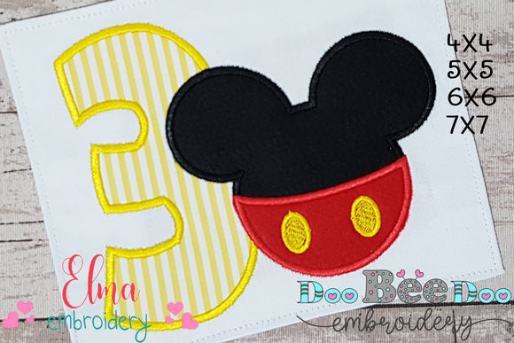 Mouse Ears Boy 3rd Birthday Number 3 - Applique Embroidery