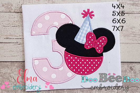Mouse Ears Girl Number 3 Three 3rd Birthday Party - Applique - Machine Embroidery Design