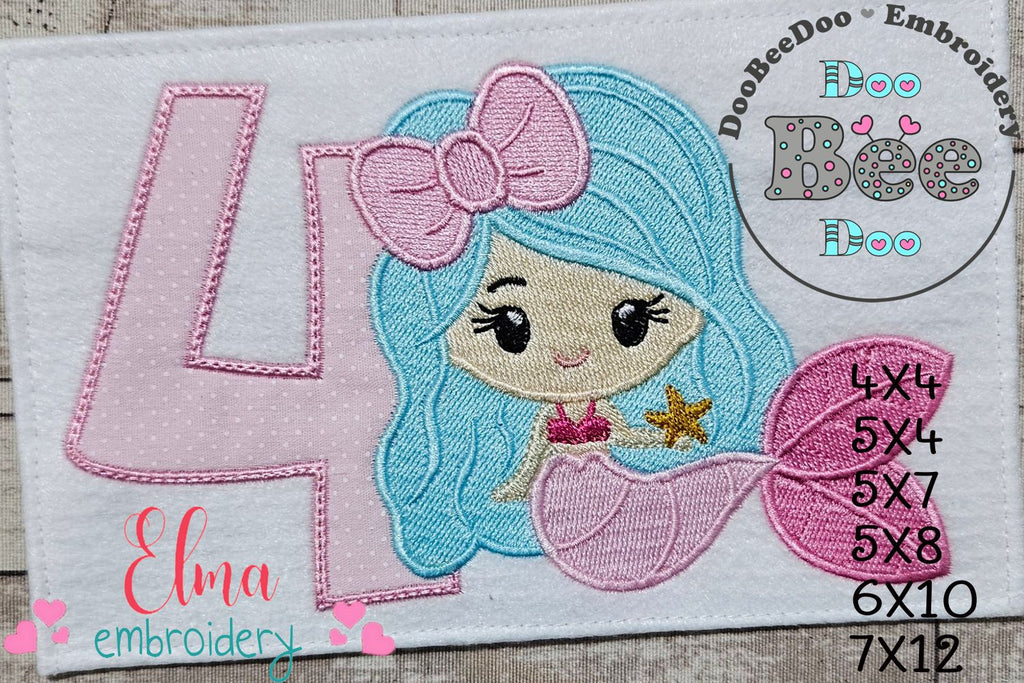 Mermaid Number 4 Four 4th Fourth Birthday - Applique & Fill Stitch