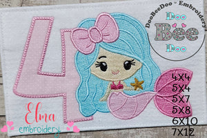 Mermaid Number 4 Four 4th Fourth Birthday - Applique & Fill Stitch