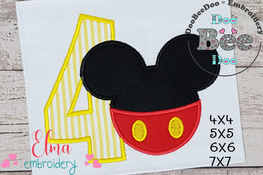 Mouse Ears Boy 4th Birthday Number 4 - Applique Embroidery