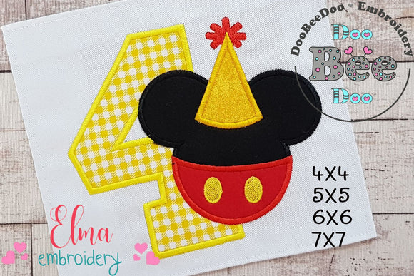 Mouse Ears Boy 4th Birthday Hat Number 4 - Applique Embroidery