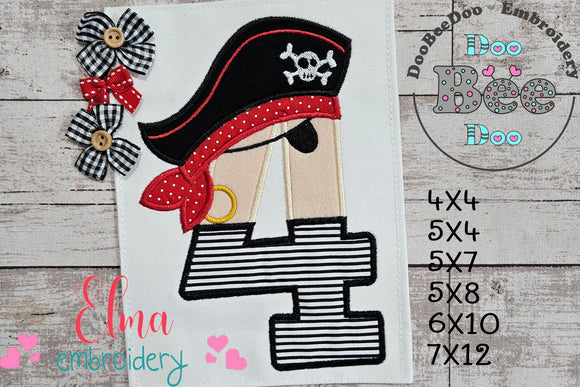 Pirate Birthday Number Four 4th Birthday - Applique - Machine Embroidery Design