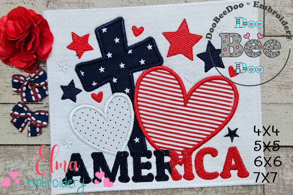 America Cross and Hearts - Applique - Machine Embroidery Design