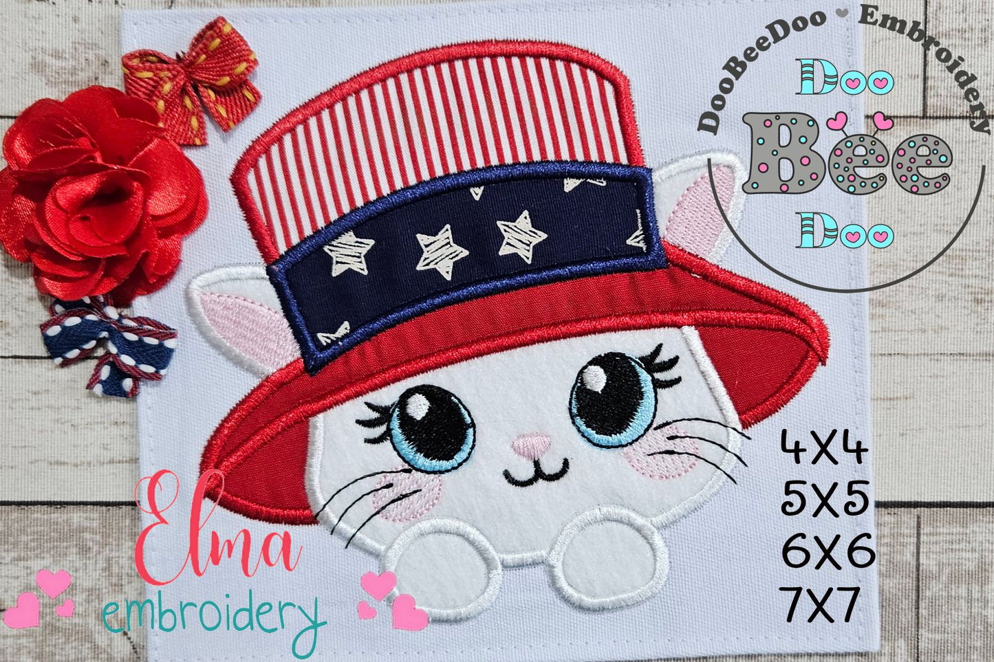 Patriotic 4th of July Cat - Applique - Machine Embroidery Design