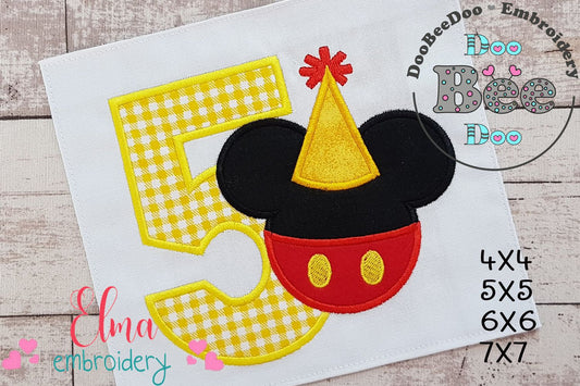 Mouse Ears Boy 5th Birthday Hat Number 5 - Applique Machine Embroidery Design
