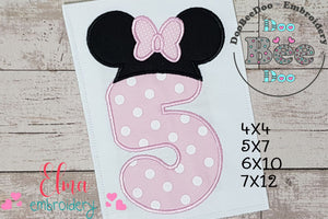 Mouse Ears Girl Hat Number 5 Five 5th Birthday - Applique Embroidery