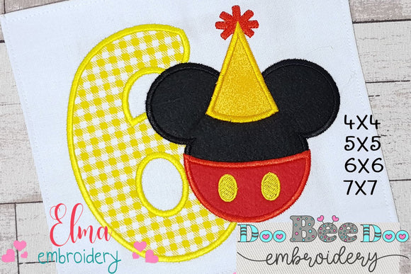 Mouse Ears Boy 6th Birthday Hat Number 6 - Applique Machine Embroidery Design