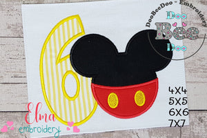 Mouse Ears Boy Number 6 Six 6th Birthday - Applique Embroidery