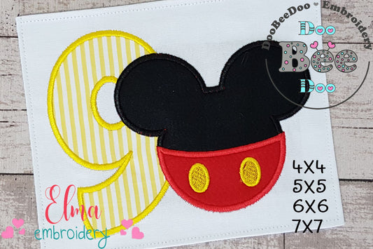 Mouse Ears Boy 9th Birthday Number 9 - Applique Embroidery