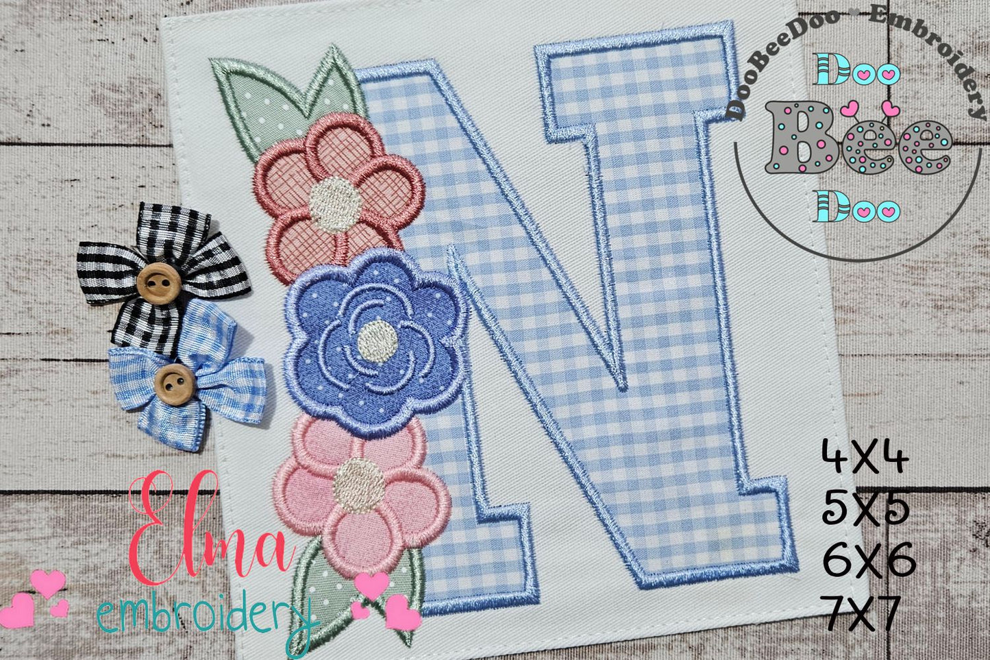 Monogram N and Flowers - Applique - Machine Embroidery Design