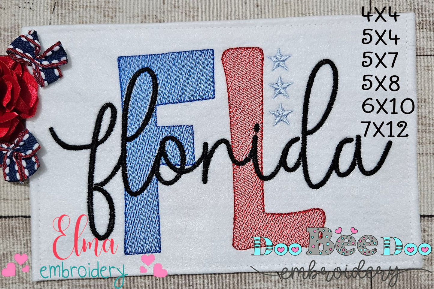 Florida FL Stars - Rippled Stitch - Machine Embroidery Design