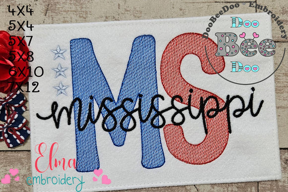 Mississippi MS Stars - Rippled Stitch - Machine Embroidery Design