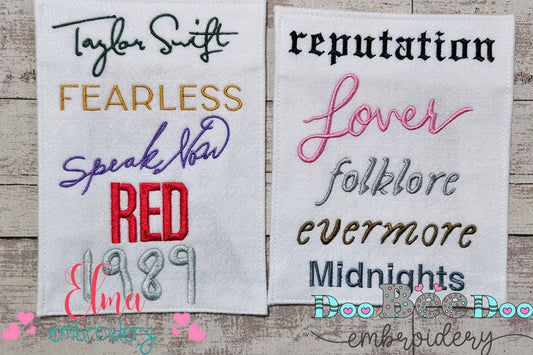 Taylor Swift Eras Tour Album Titles - Fill Stitch - Set of 10 separate designs