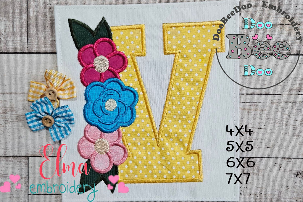 Monogram V and Flowers - Applique - Machine Embroidery Design