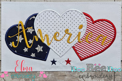 America Three Hearts - Applique - Machine Embroidery Design