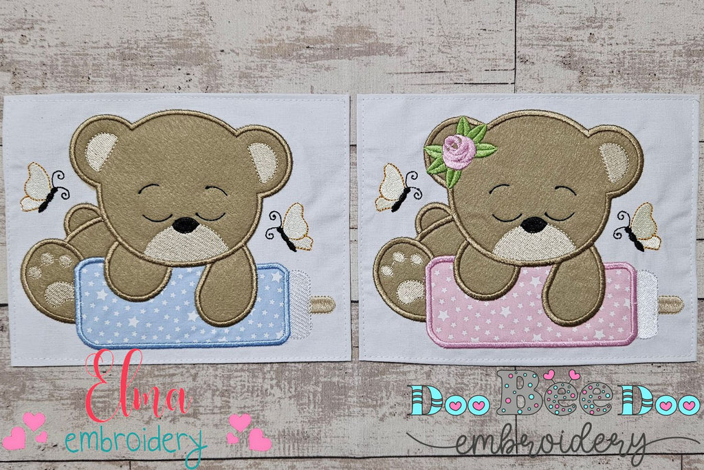 Baby Bear Boy and Girl with Feeding Bottle - Applique - Set of 2 designs