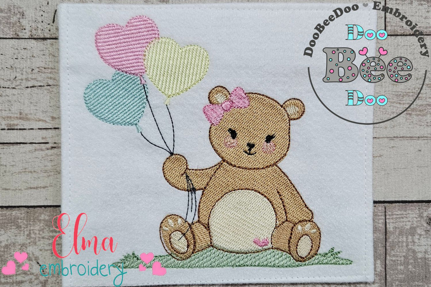 Teddy Bear Girl with Balloons - Fill Stitch