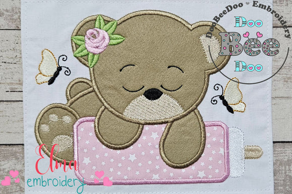 Baby Bear Girl with Feeding Bottle - Applique - Machine Embroidery Design