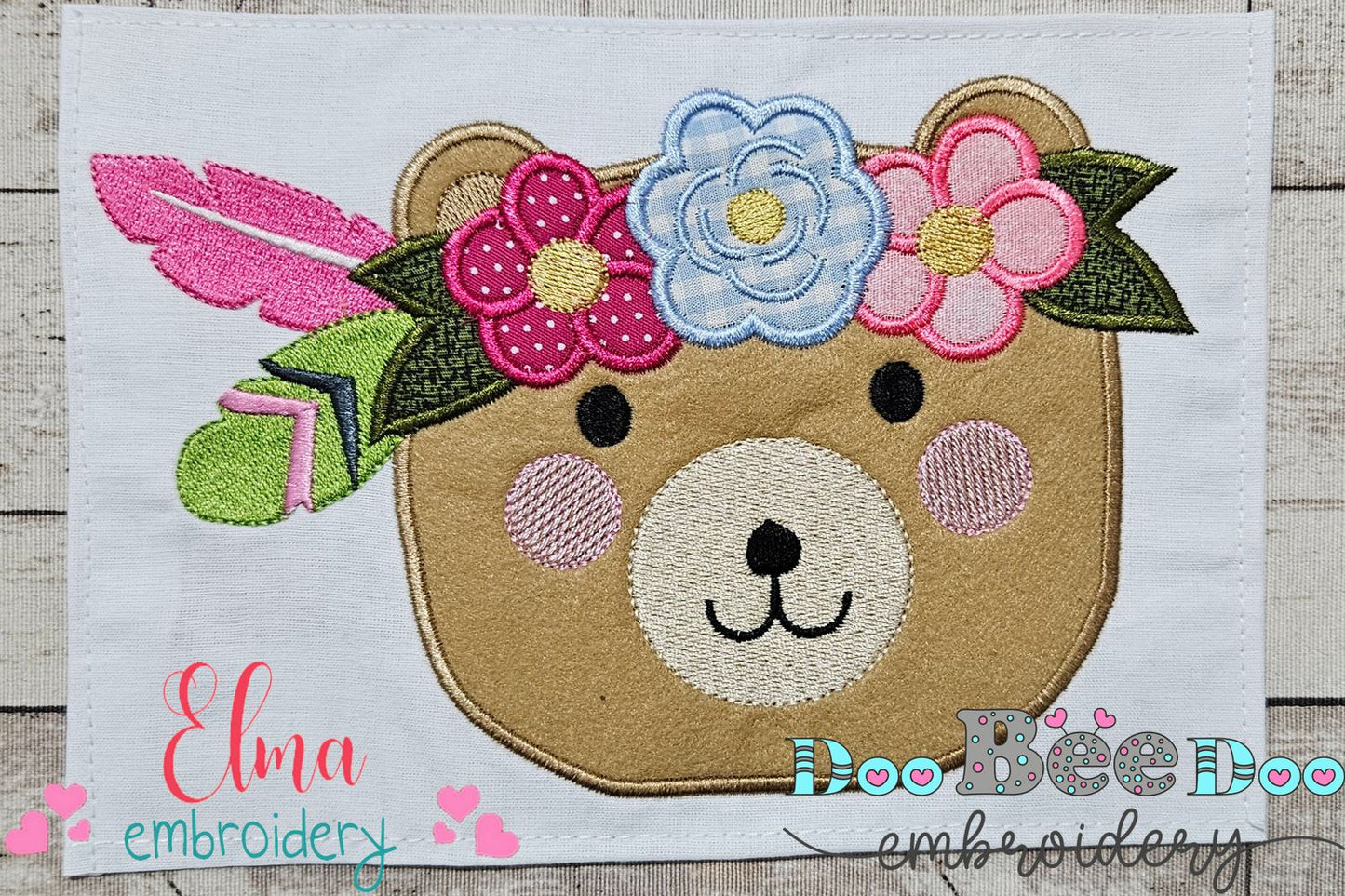 Boho Bear Face with Flowers - Applique - Machine Embroidery Design