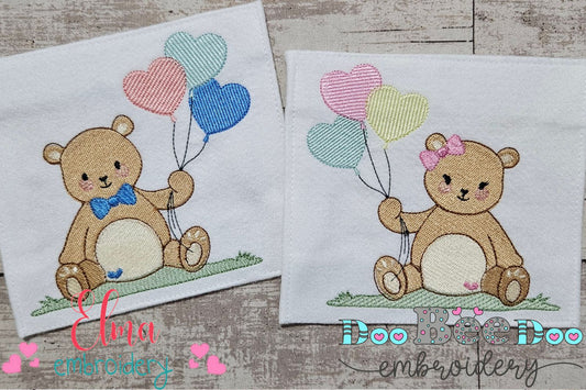 Teddy Bear Boy and Girl with Balloons - Fill Stitch - Set of 2 designs