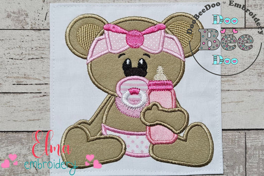 Baby Bear Girl with Feeding Bottle - Applique - Machine Embroidery Design