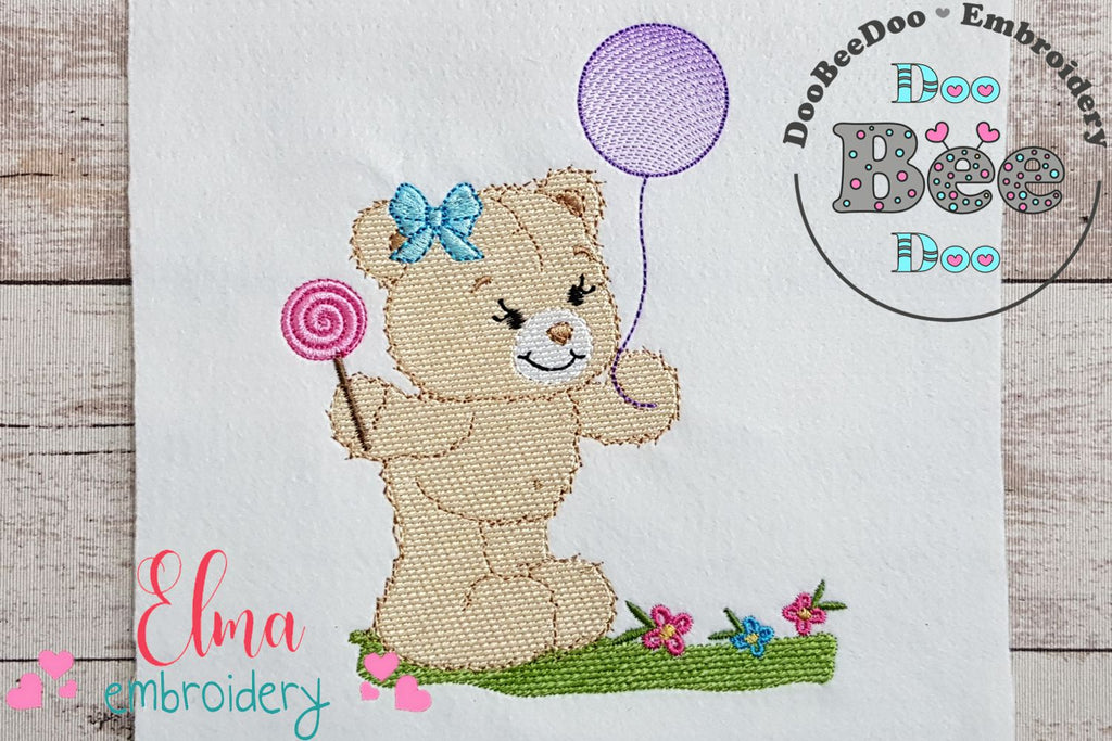 Baby Teddy Bear Girl with Balloon and Lolipop - Fill Stitch