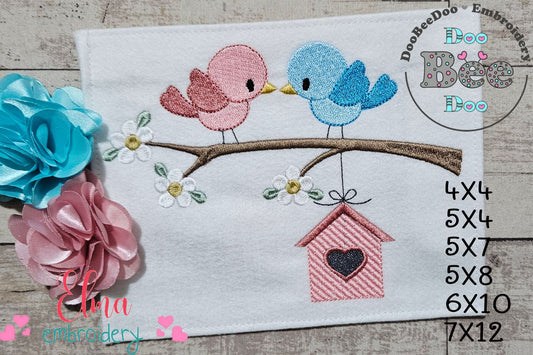 💕 Lovebird Perch Delight 🐦 – Applique – Machine Embroidery Design