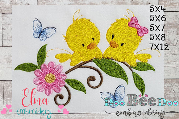 Two Yellow Birds on a Branch - Fill Stitch Embroidery