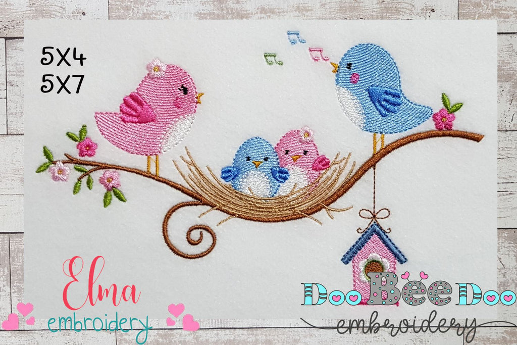 Family of Birds on the Branch - Fill Stitch - Machine Embroidery Design