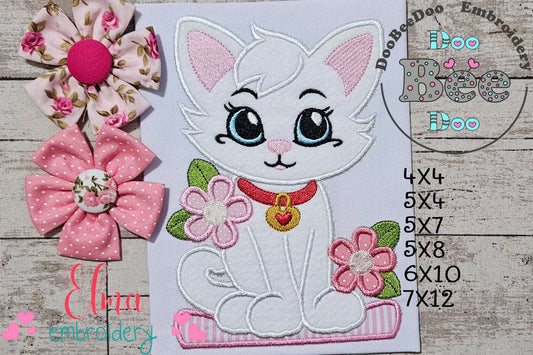 Cute Cat Girl and Flowers - Applique - Machine Embroidery Design