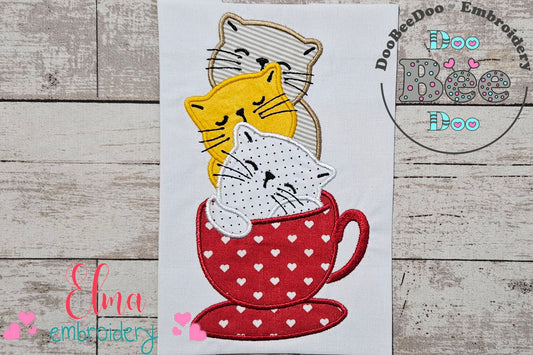 Three Cats in a Tea Cup - Applique Machine Embroidery Design