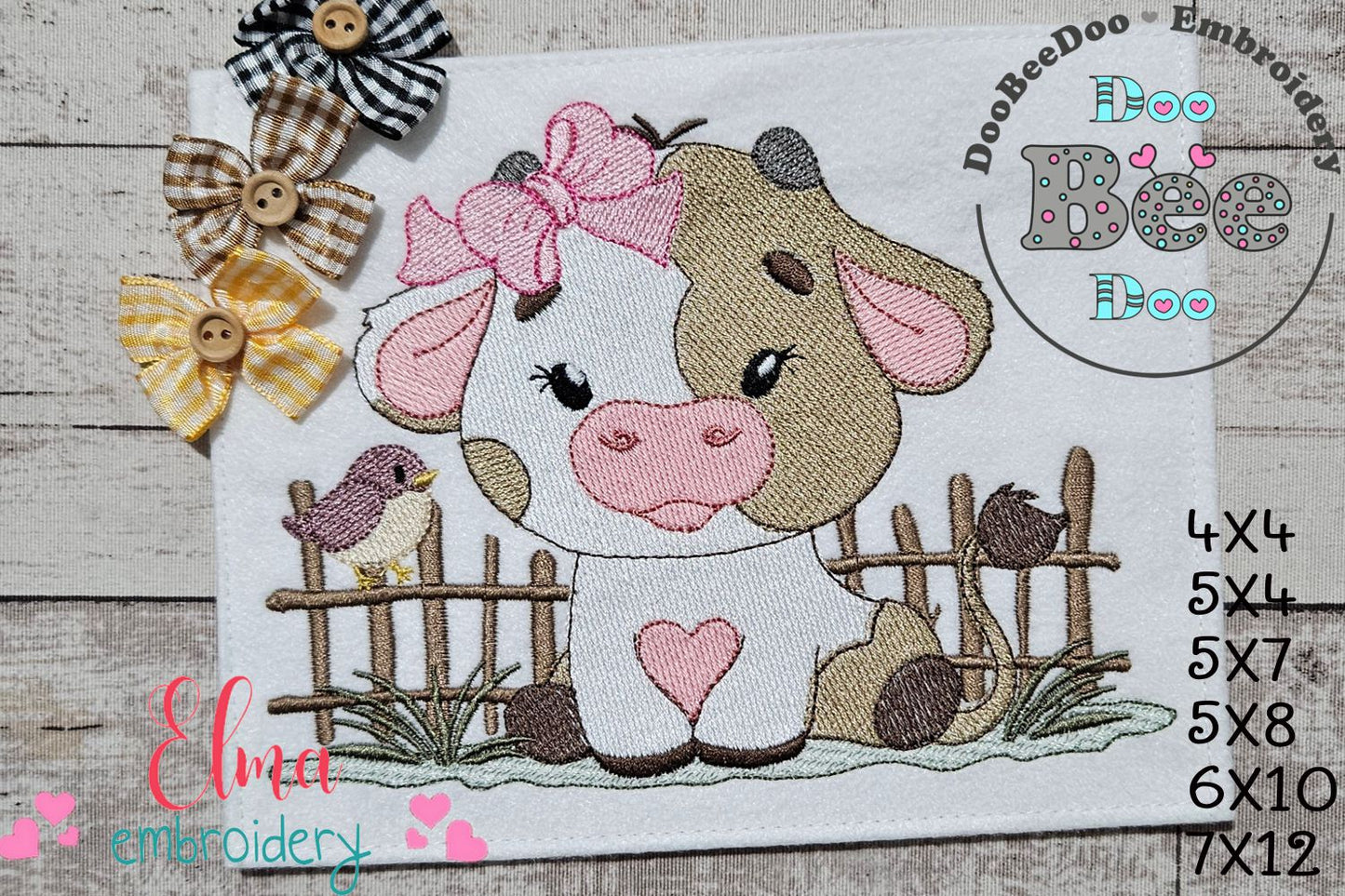 Adorable Farm Girl Cow in Front of Fence - Fill Stitch - Machine Embroidery Design