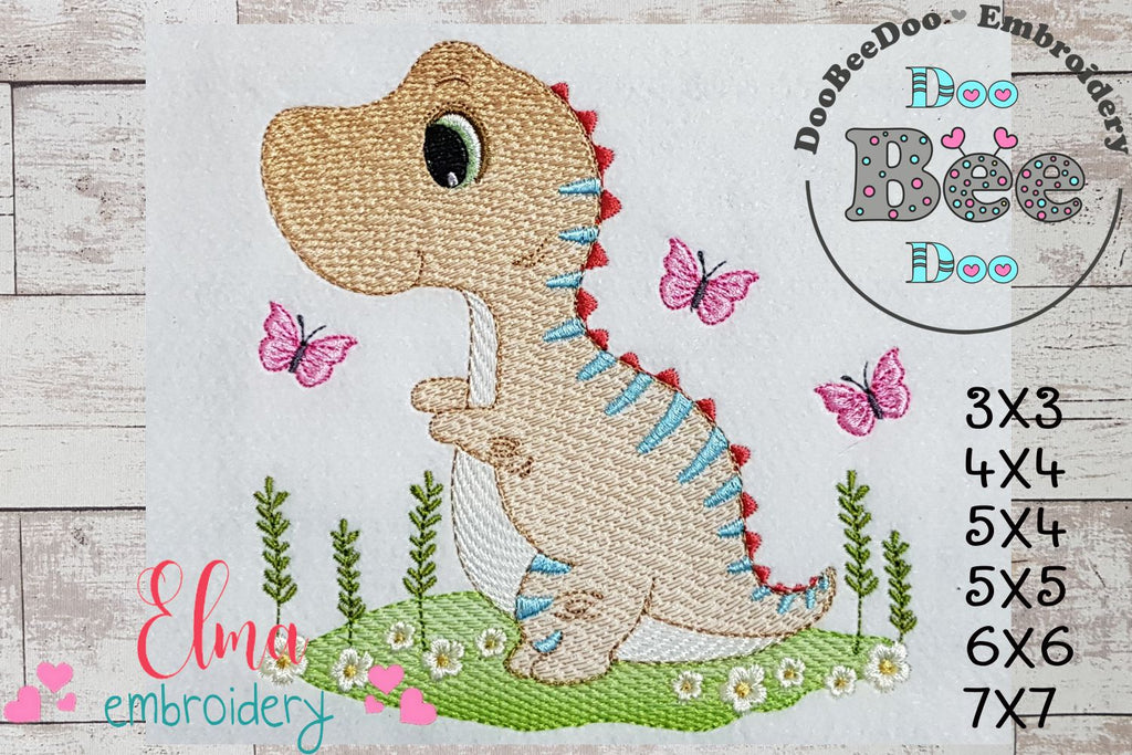 Cute Dinosaur and Butterflies - Rippled Stitch Embroidery