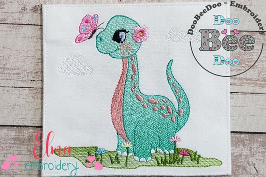 Dinosaur Girl and Butterfly - Rippled Stitch - Machine Embroidery Design